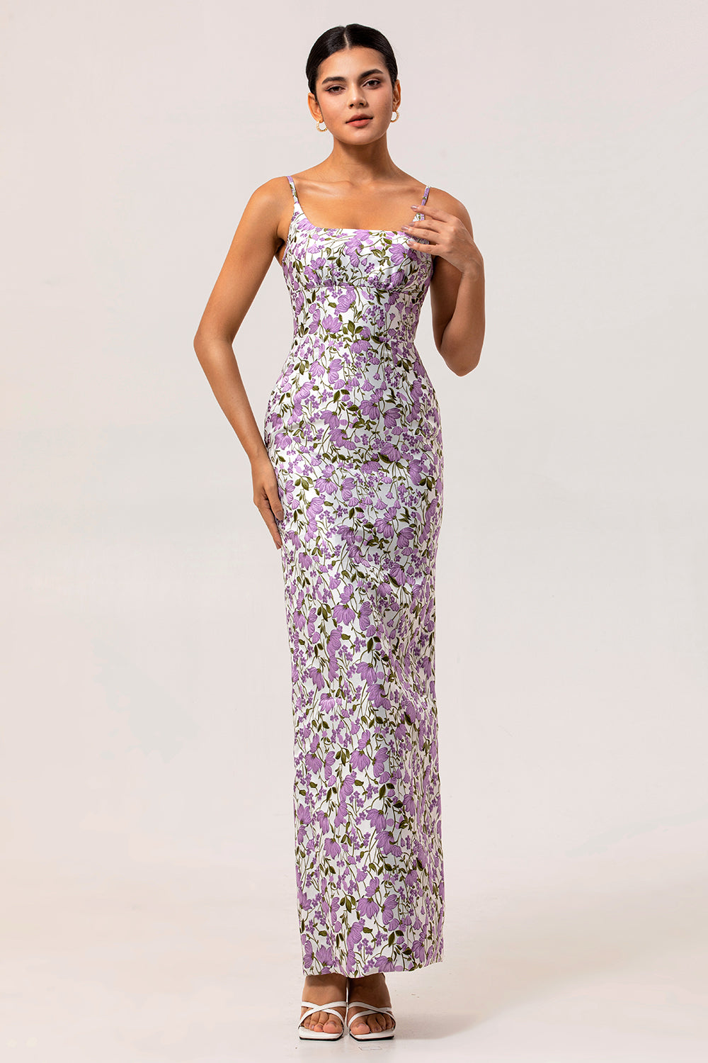 lavender floral bridesmaid dresses Zapaka Women Floral Bridesmaid Dress Purple Printed Spaghetti Straps Sheath Long Wedding Guest Dress, Purple Flower / US14