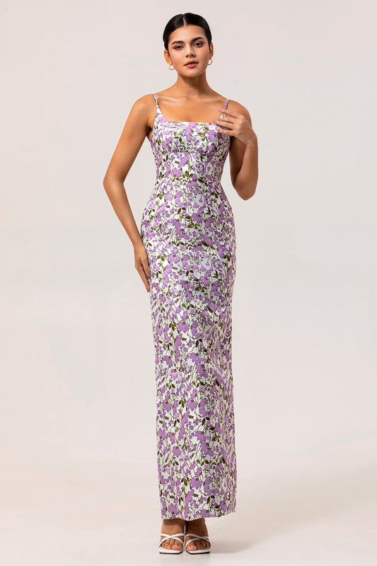 Purple Floral Spaghetti Straps Sheath Long Bridesmaid Dress with Slit