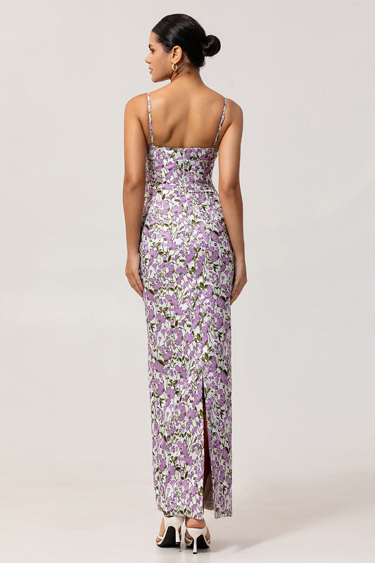 Purple Floral Spaghetti Straps Sheath Long Bridesmaid Dress with Slit