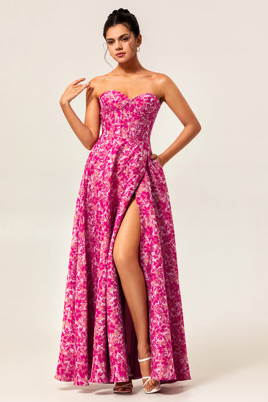 Fuchsia Floral Corset Sweetheart Long Wedding Guest Dress with Slit
