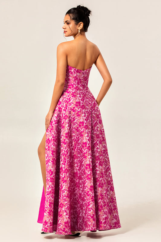Fuchsia Floral Corset Sweetheart Long Wedding Guest Dress with Slit
