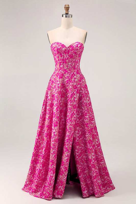 Fuchsia Floral A Line Corset Long Wedding Guest Dress with Slit