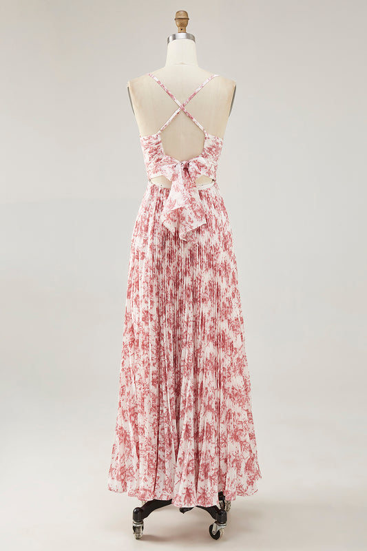 Blush Floral Pleated Chiffon A Line Long Wedding Guest Dress with Bow