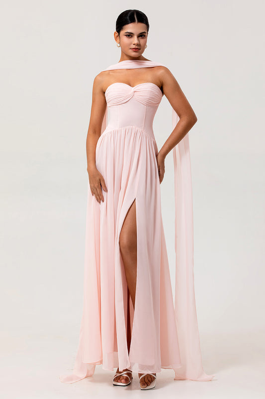Blush Chiffon Corset Neck Scarf Long Bridesmaid Dress with Slit