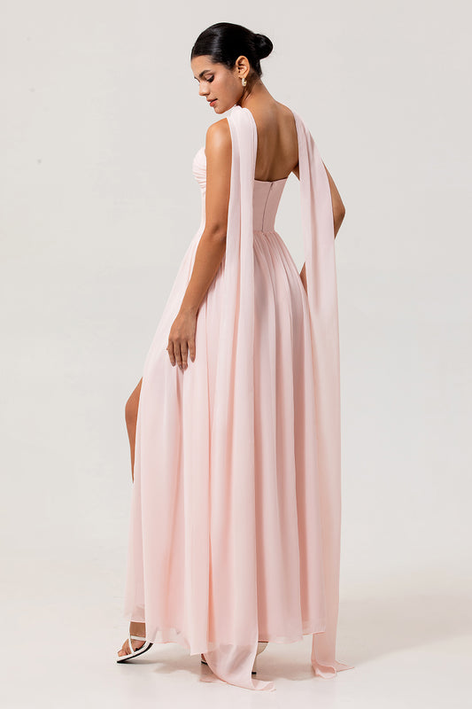 Blush Chiffon Corset Neck Scarf Long Bridesmaid Dress with Slit
