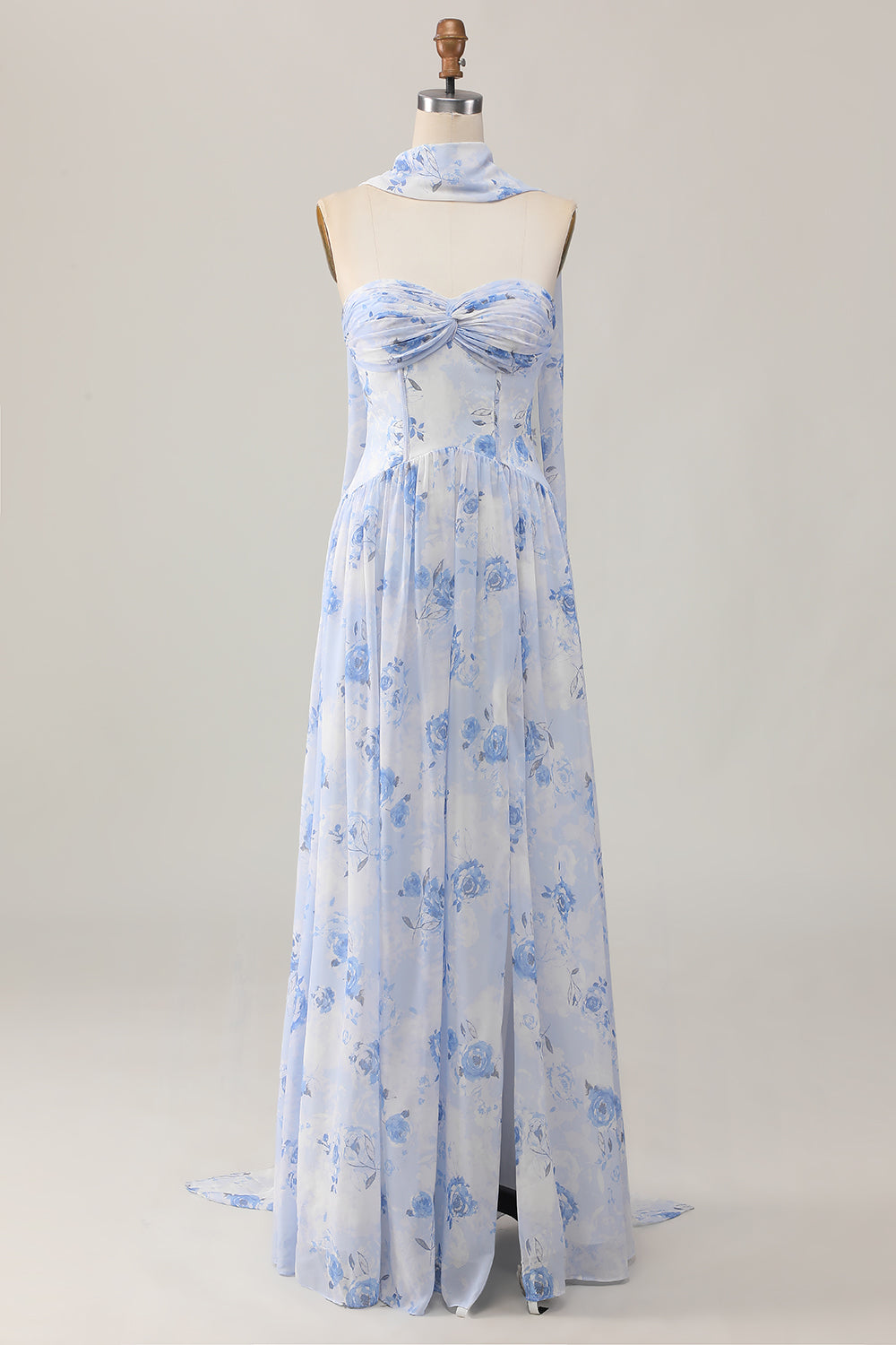Zapakasa Women Blue Floral Corset Neck Scarf Long Wedding Guest Dress Chiffon A Line Sweetheart Ruched Bridesmaid Dress with Slit Zapakasa Women Blue Floral Corset Neck Scarf Long Wedding Guest Dress Chiffon A Line Sweetheart Ruched Bridesmaid Dress with Slit
