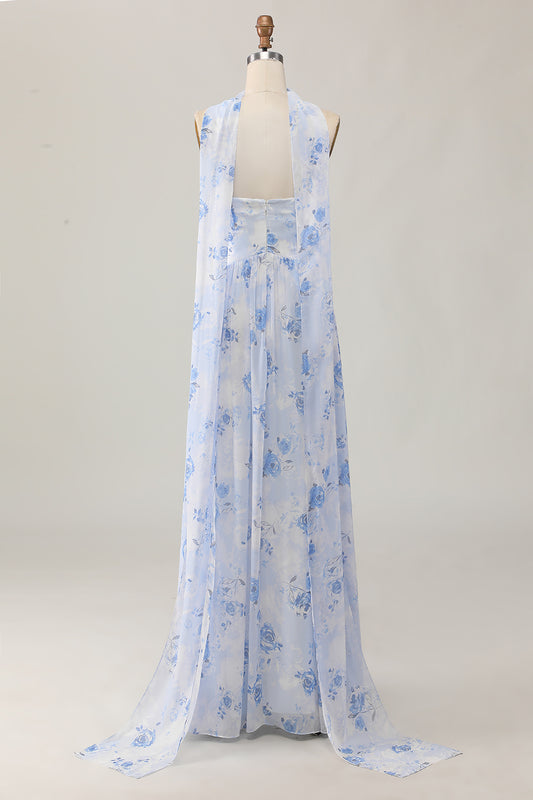 Blue Floral Corset Neck Scarf Long Wedding Guest Dress with Slit