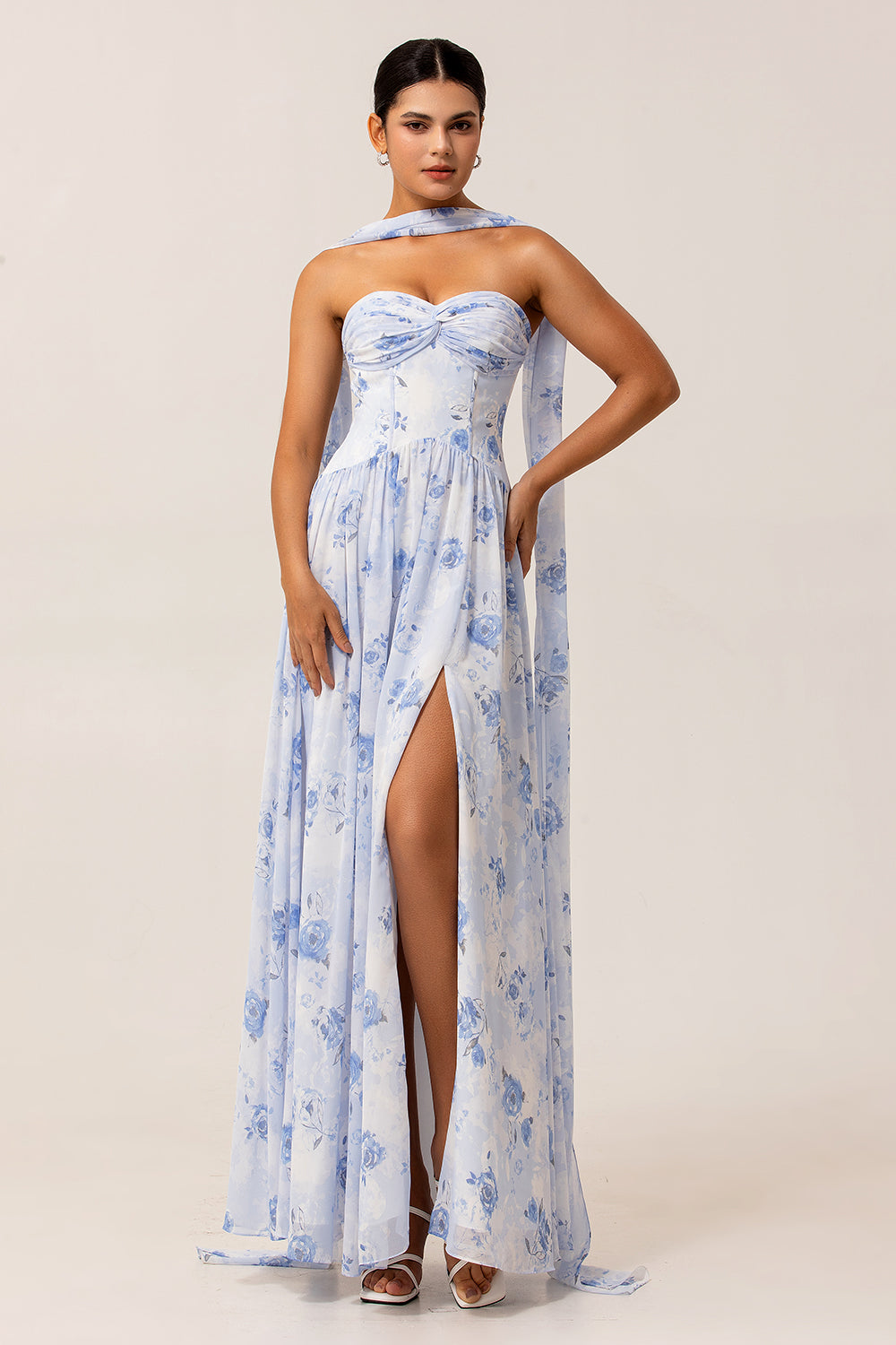 Zapakasa Women Blue Corset Floral Long Wedding Guest Dress Chiffon A Line Neck Scarf Ruched Bridesmaid Dress with Slit Zapakasa Women Blue Corset Floral Long Wedding Guest Dress Chiffon A Line Neck Scarf Ruched Bridesmaid Dress with Slit