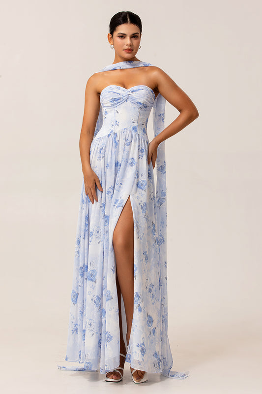 Zapakas Blue Floral Corset Neck Scarf Long Wedding Guest Dress Chiffon A Line Sweetheart Ruched Bridesmaid Dress with Slit