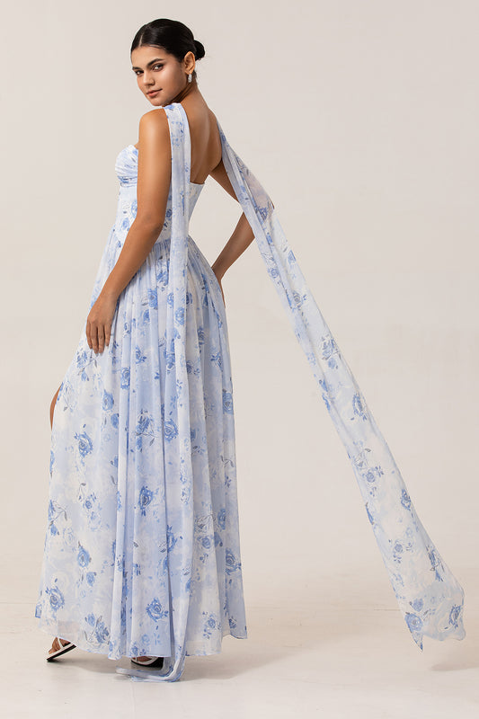 Blue Corset Floral Neck Scarf Long Wedding Guest Dress with Slit