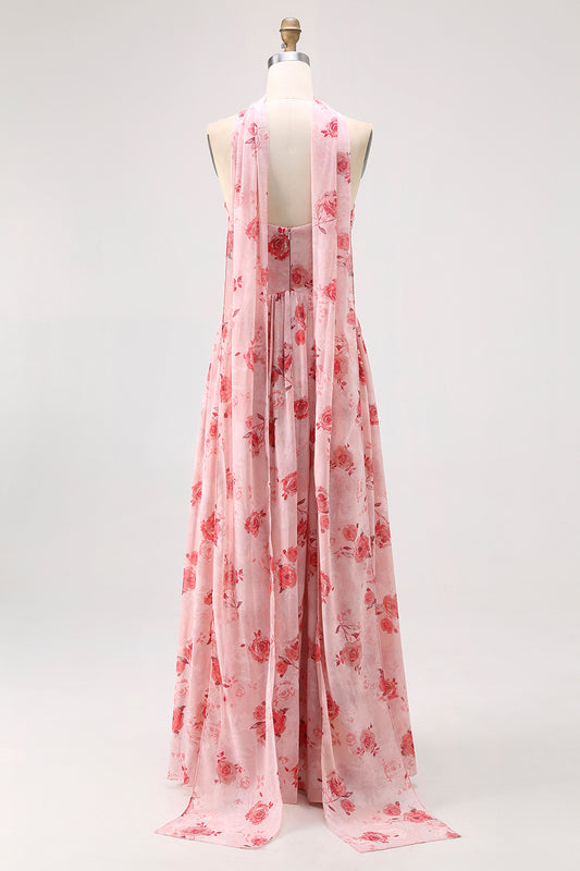 Dusty Rose Floral Corset Neck Scarf Long Wedding Guest Dress with Slit