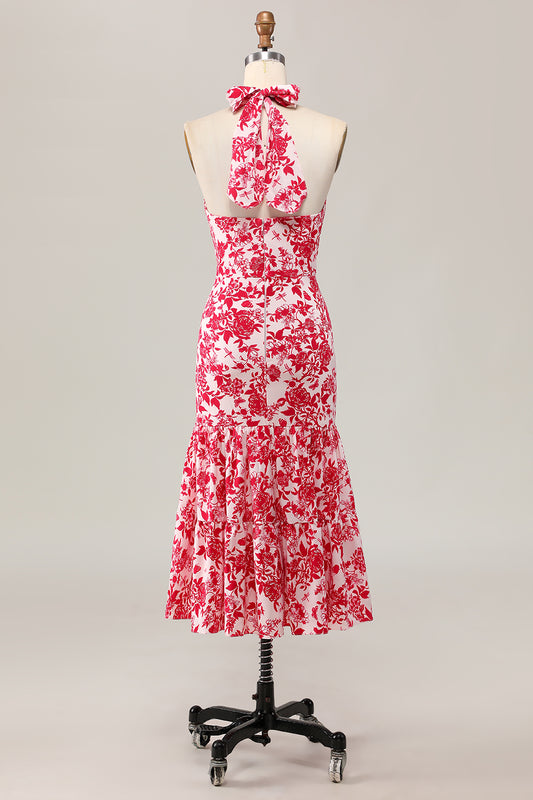 Red Floral Halter Mermaid Long Wedding Guest Dress with Bow