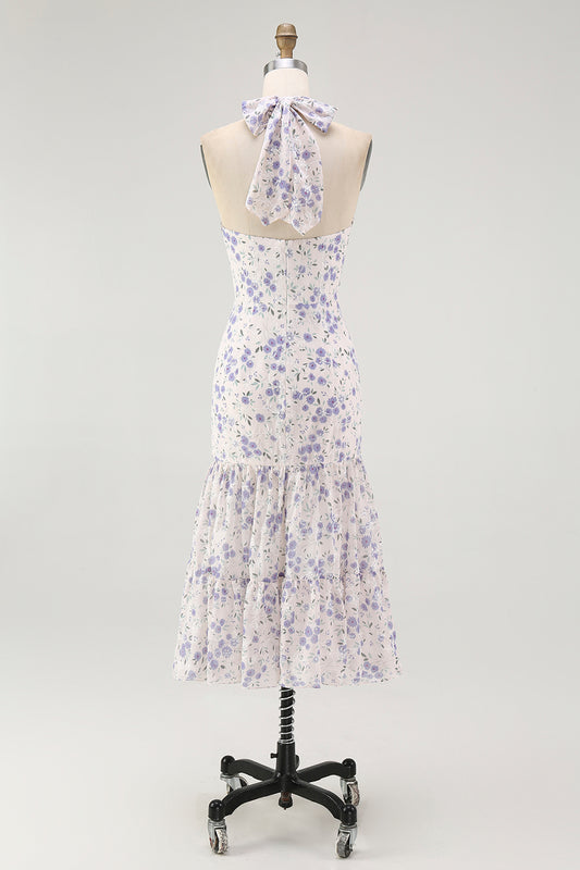 Blue Halter Floral Midi Bridesmaid Dress with Bow