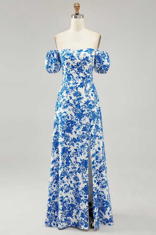 Blue Floral A Line Off the Shoulder Long Wedding Guest Dress with Slit
