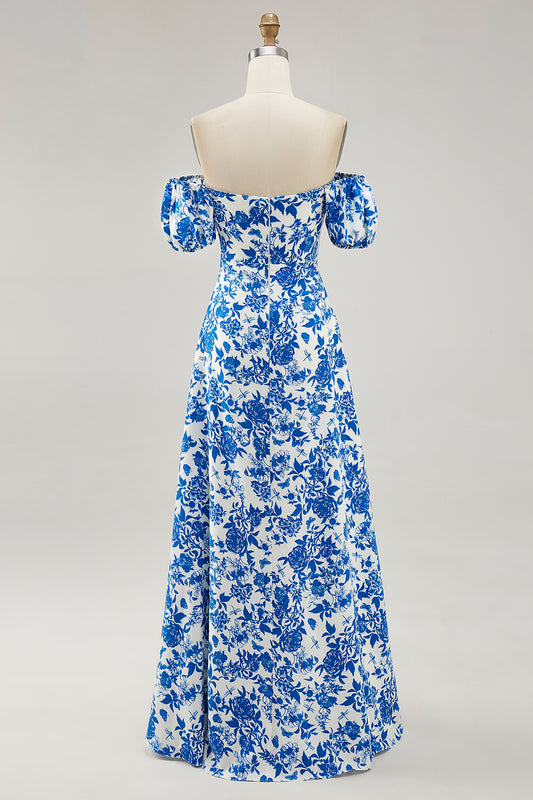 Blue Floral A Line Off the Shoulder Long Wedding Guest Dress with Slit