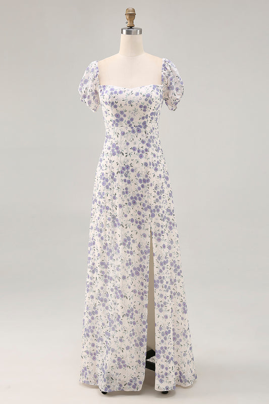 Blue Floral Chiffon Square Neck Long Wedding Guest Dress with Slit