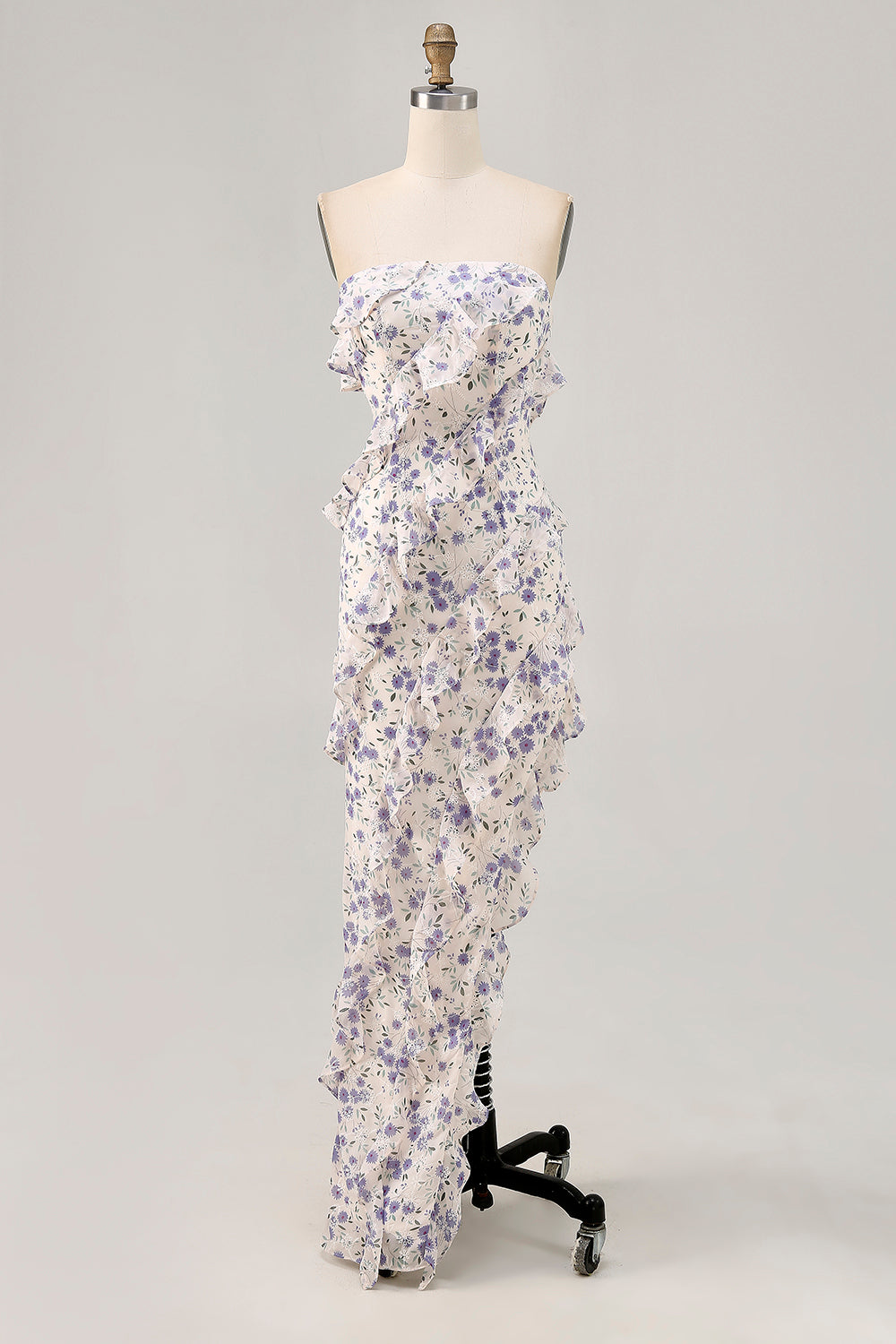 Zapaka Women Blue Floral Printed Long Bridesmaid Dress Strapless Ruffled Sheath Wedding Guest Dress, Blue Flower / AU6 Zapaka Women Blue Floral Printed Long Bridesmaid Dress Strapless Ruffled Sheath Wedding Guest Dress, Blue Flower / AU6