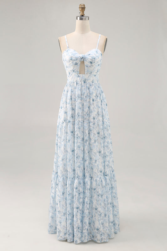 Blue Floral Ruched Chiffon Long Wedding Guest Dress with Keyhole