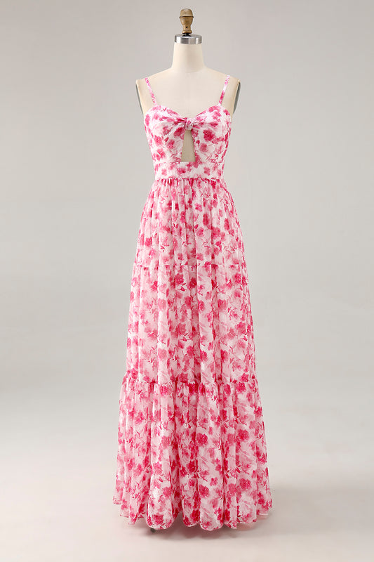 Pink Floral Chiffon Ruched Long Wedding Guest Dress with Keyhole