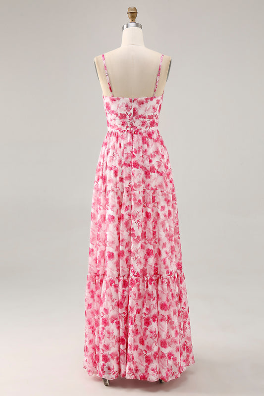 Pink Floral Chiffon Ruched Long Wedding Guest Dress with Keyhole