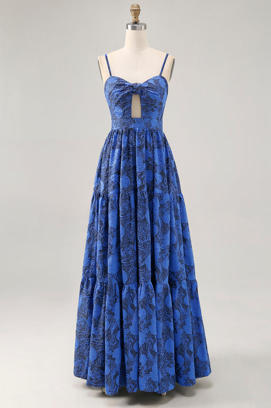 Blue Floral Ruched Jacquard Long Wedding Guest Dress with Keyhole