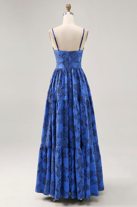 Blue Floral Ruched Jacquard Long Wedding Guest Dress with Keyhole