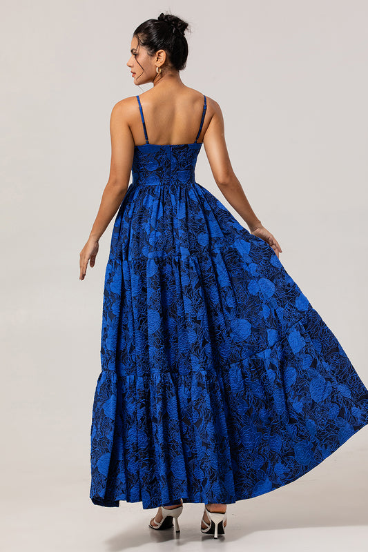 Blue Floral Jacquard Long Ruched Wedding Guest Dress with Keyhole