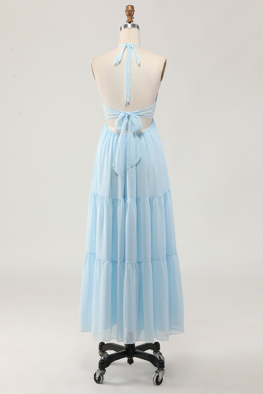 Sky Blue Halter Ruched Chiffon Long Wedding Guest Dress with Bow