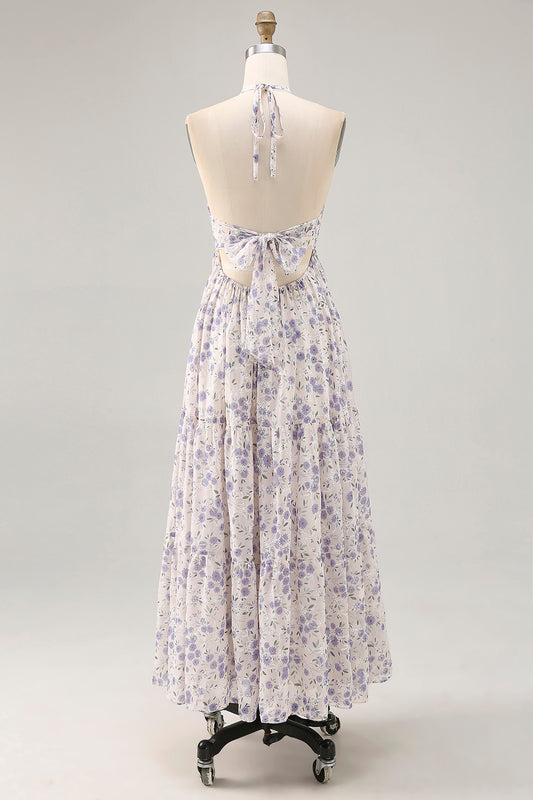 Blue Floral Chiffon Halter Ruched Long Wedding Guest Dress with Bow