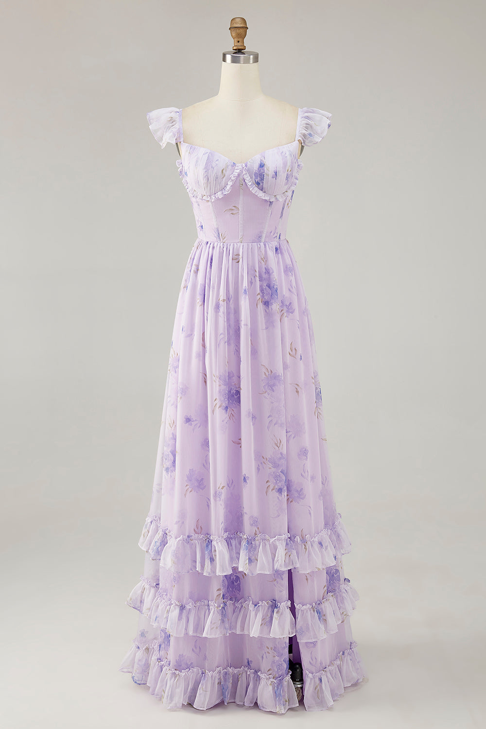 Zapakasa Women Lavender Floral Corset Long Bridesmaid Dress with Slit Ruffled Chiffon A Line Lace Up Back Wedding Guest Dress with Sleeves Zapakasa Women Lavender Floral Corset Long Bridesmaid Dress with Slit Ruffled Chiffon A Line Lace Up Back Wedding Guest Dress with Sleeves