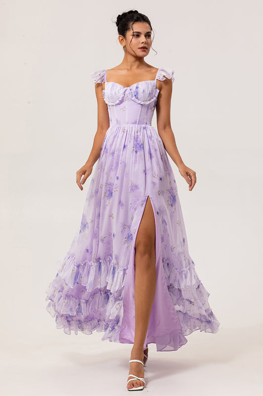 Lavender Corset Floral Long Ruffled Bridesmaid Dress with Slit