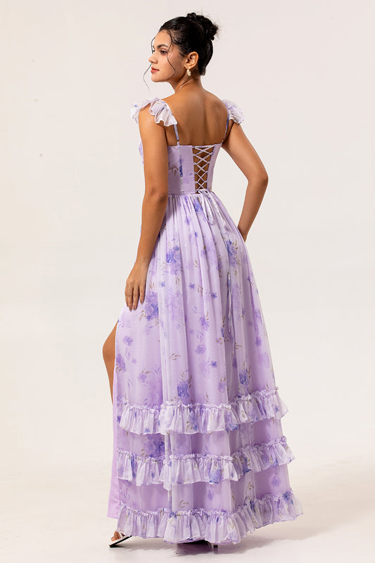 Lavender Corset Floral Long Ruffled Bridesmaid Dress with Slit