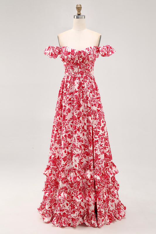 Red Floral Chiffon Corset Ruffled Long Wedding Guest Dress with Slit