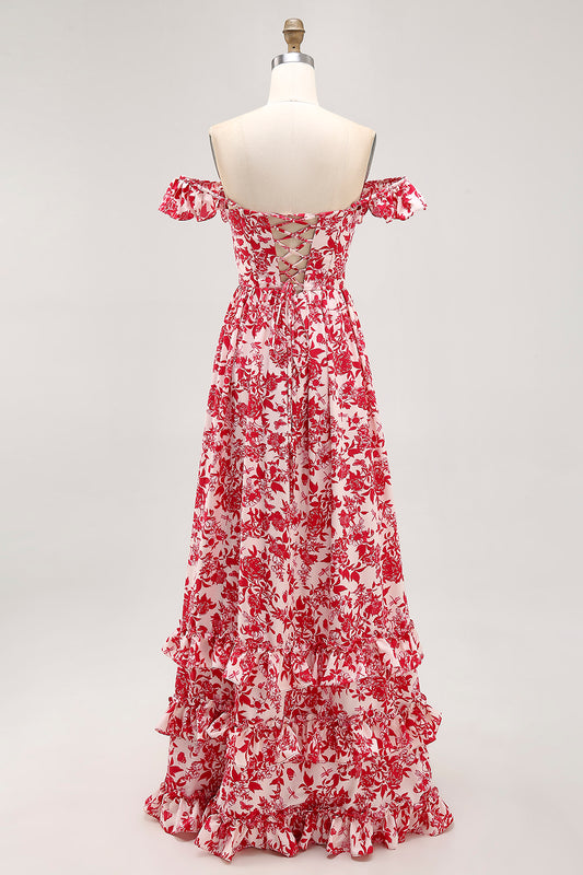 Red Floral Chiffon Corset Ruffled Long Wedding Guest Dress with Slit