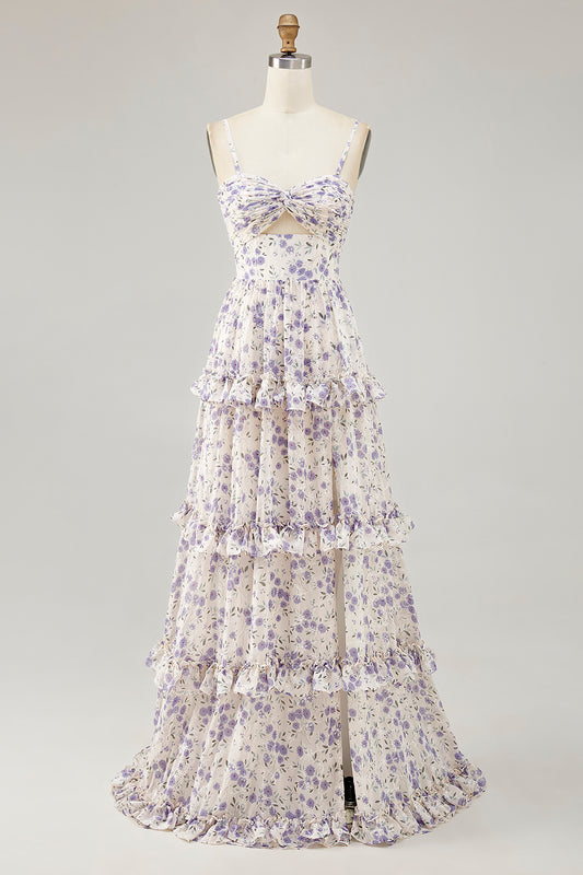 Purple Floral Embroidered Cut Out Ruffled Long Wedding Guest Dress with Slit