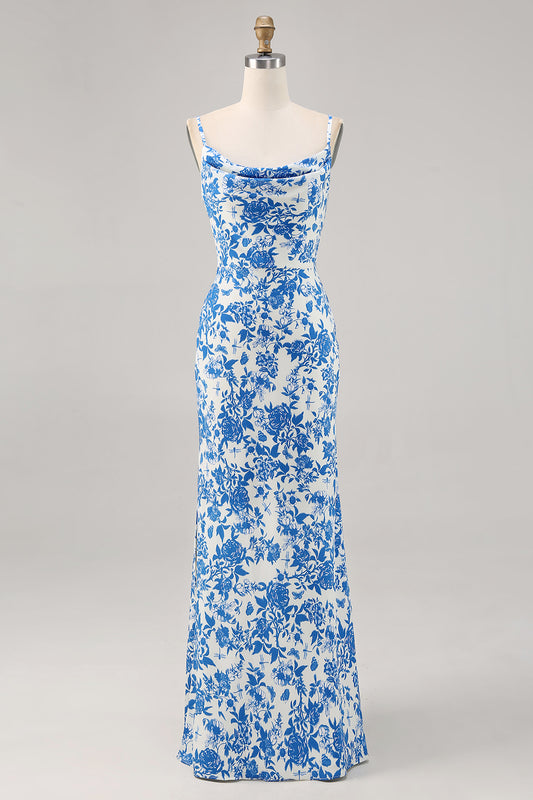 Blue Floral Mermaid Long Wedding Guest Dress