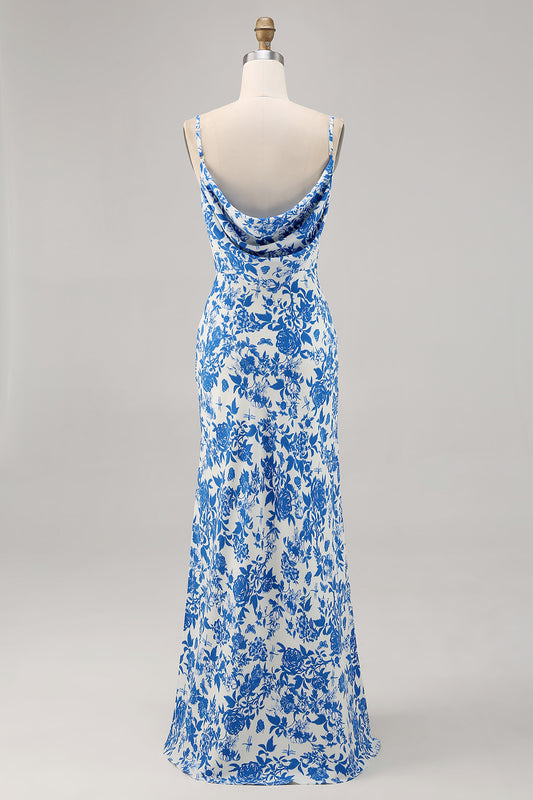 Blue Floral Mermaid Long Wedding Guest Dress