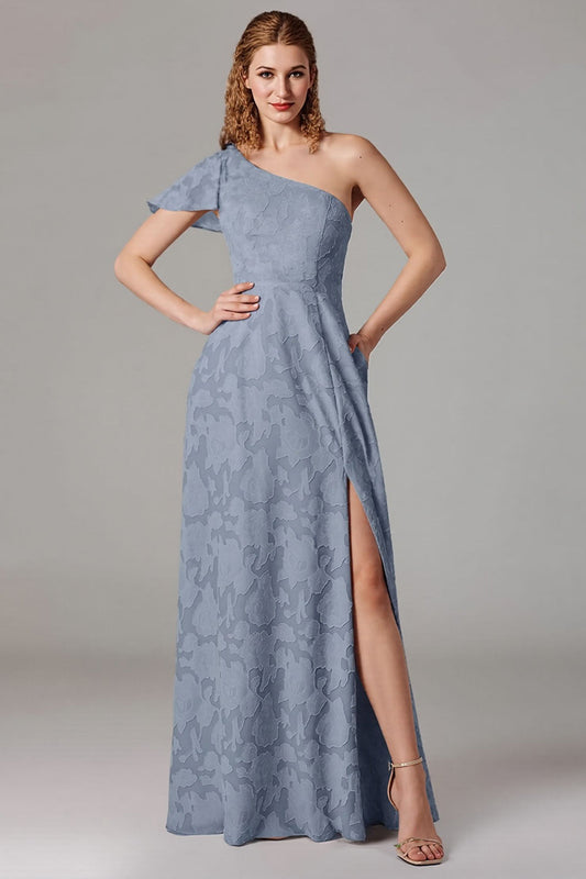 Dusty Blue A-Line Lace One Shoulder Long Bridesmaid Dress with Slit
