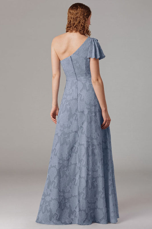 Dusty Blue A-Line Lace One Shoulder Long Bridesmaid Dress with Slit