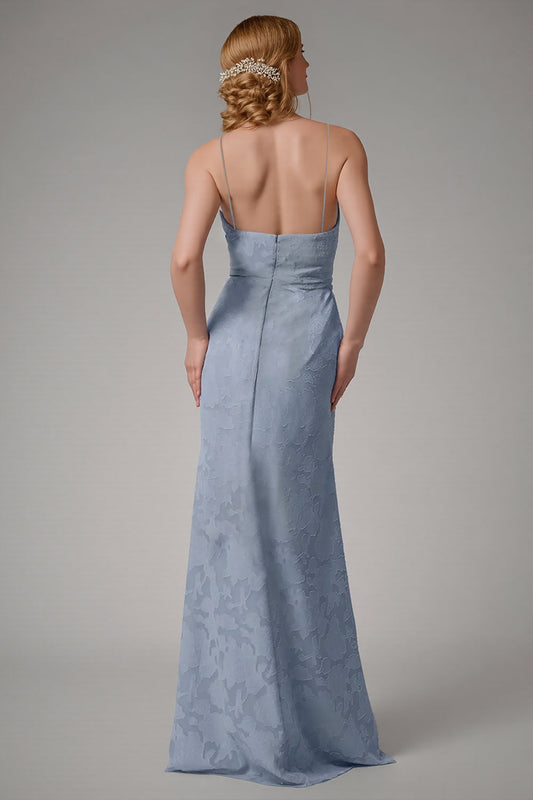 Dusty Blue Lace Spaghetti Straps Long Bridesmaid Dress with Slit