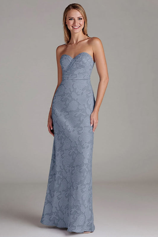 Dusty Blue Strapless Mermaid Long Lace Floral Bridesmaid Dress