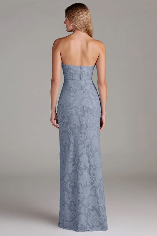 Dusty Blue Strapless Mermaid Long Lace Floral Bridesmaid Dress