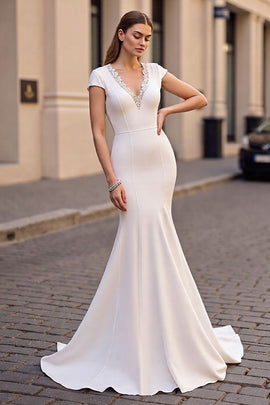 Ivory Satin Mermaid Cap Sleeves Sweep Train Wedding Dress with Lace