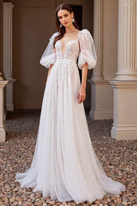 Ivory Half Sleeves Boho Sweep Train Tulle Wedding Dress with Appliques