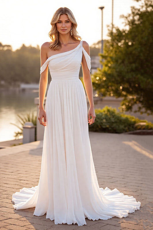 Ivory Ruched A Line Boho Sweep Train Chiffon Wedding Dress
