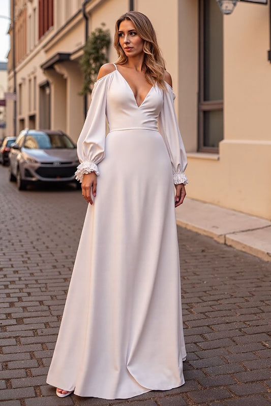 Ivory Satin Ruffled Boho Sweep Train Wedding Dress with Sleeves