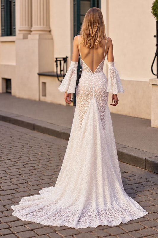 Ivory Lace Mermaid Boho Sweep Train Wedding Dress with Sleeves