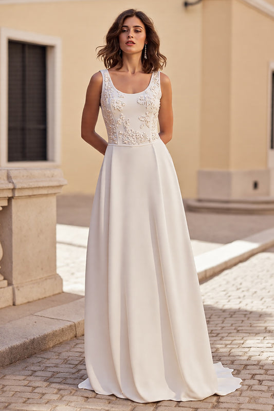 Ivory A Line Satin Scoop Neck Boho Wedding Dress with Appliques