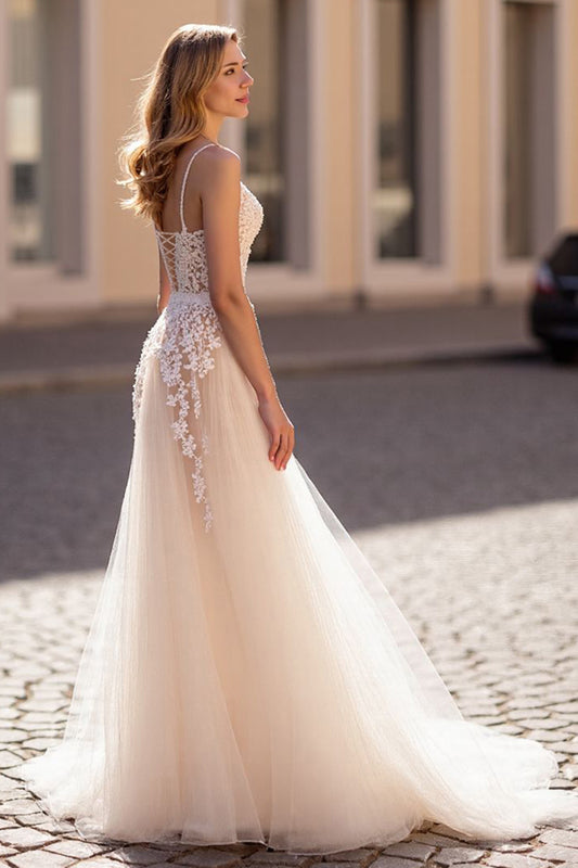 Ivory Tulle Spaghetti Straps Sweep Train Wedding Dress with Appliques