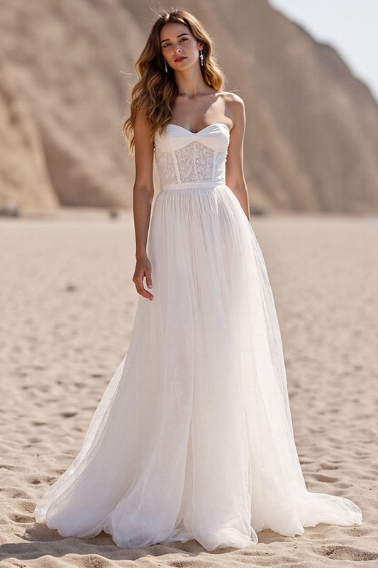 Ivory Sweetheart Corset Tulle Sweep Train Wedding Dress with Lace